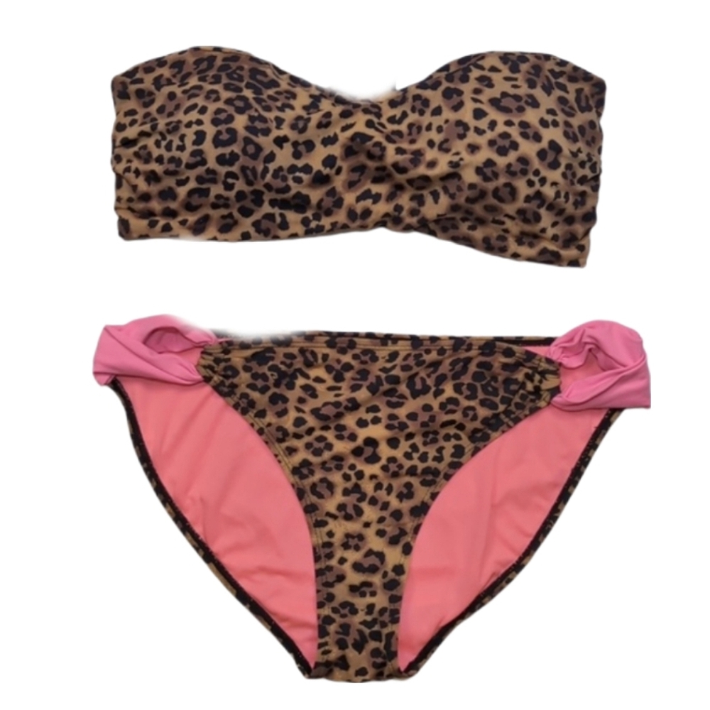 Ardene Leopard Print Bikini Set Womens Size Large Brown Bandeau Pink Pop